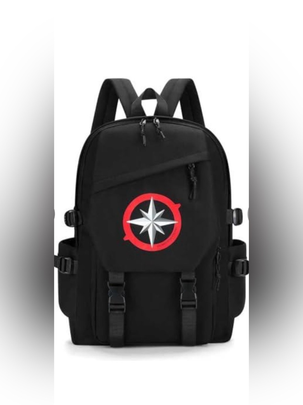 Micmieib Black Nylon Laptop Backpack with Compass Emblem